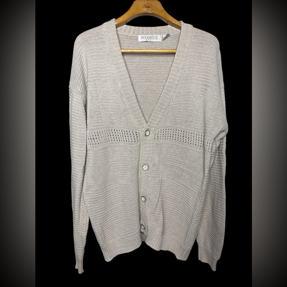 VTG Men’s Button Up Open Knit Linen Blend Cardigan Sz L Neutral Academia Dad